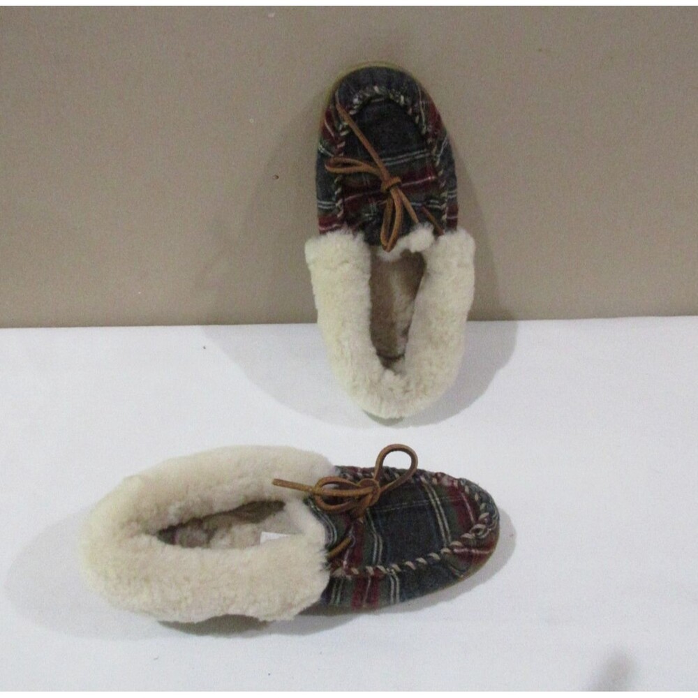 LL Bean Womens Wicked Good Moccasins Slippers Plaid Shearling Lined Size 6